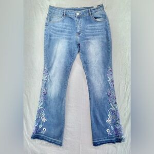 Purple & Blue Floral Embroidered Jeans Flare Boho Retro Bell Bottoms Women 12-14